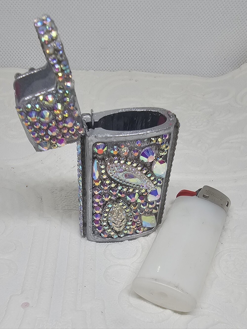 Rhinestone Jeweled Silver Lighter Case - Iridescent Crystal